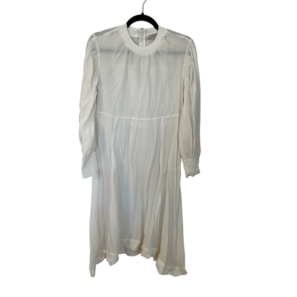 All Saints White Long Buttoned Sleeve Crewneck 100% Cupro Dress Sz L GUC